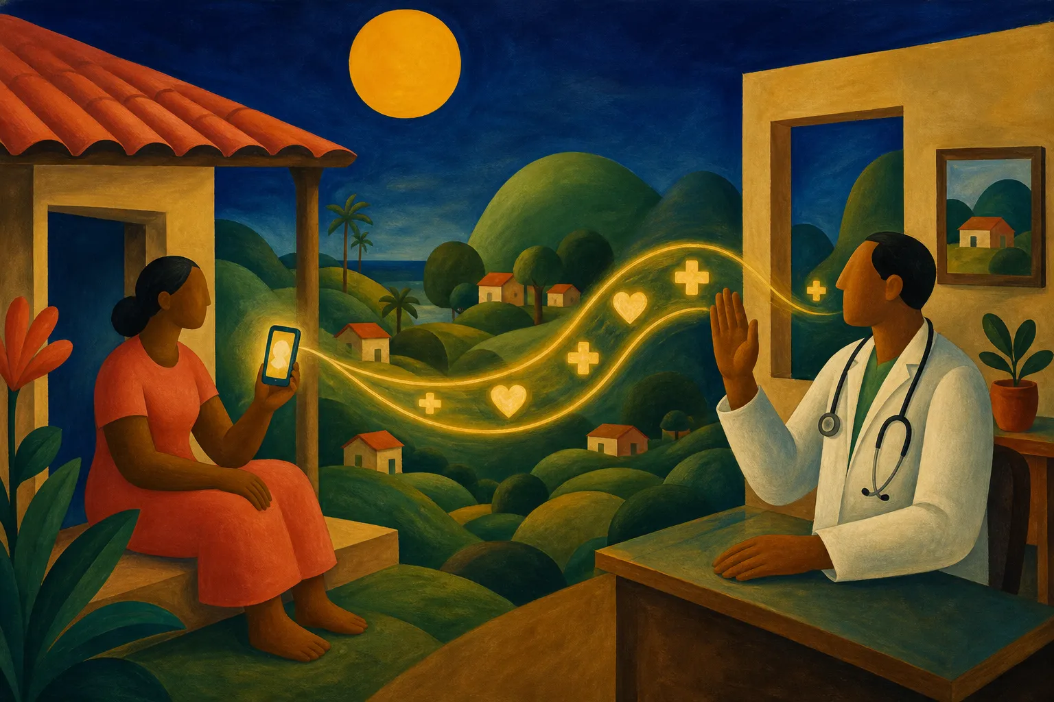Pintura modernista de uma paciente na varanda de casa conectada a um médico distante por um fio dourado com corações e cruzes médicas