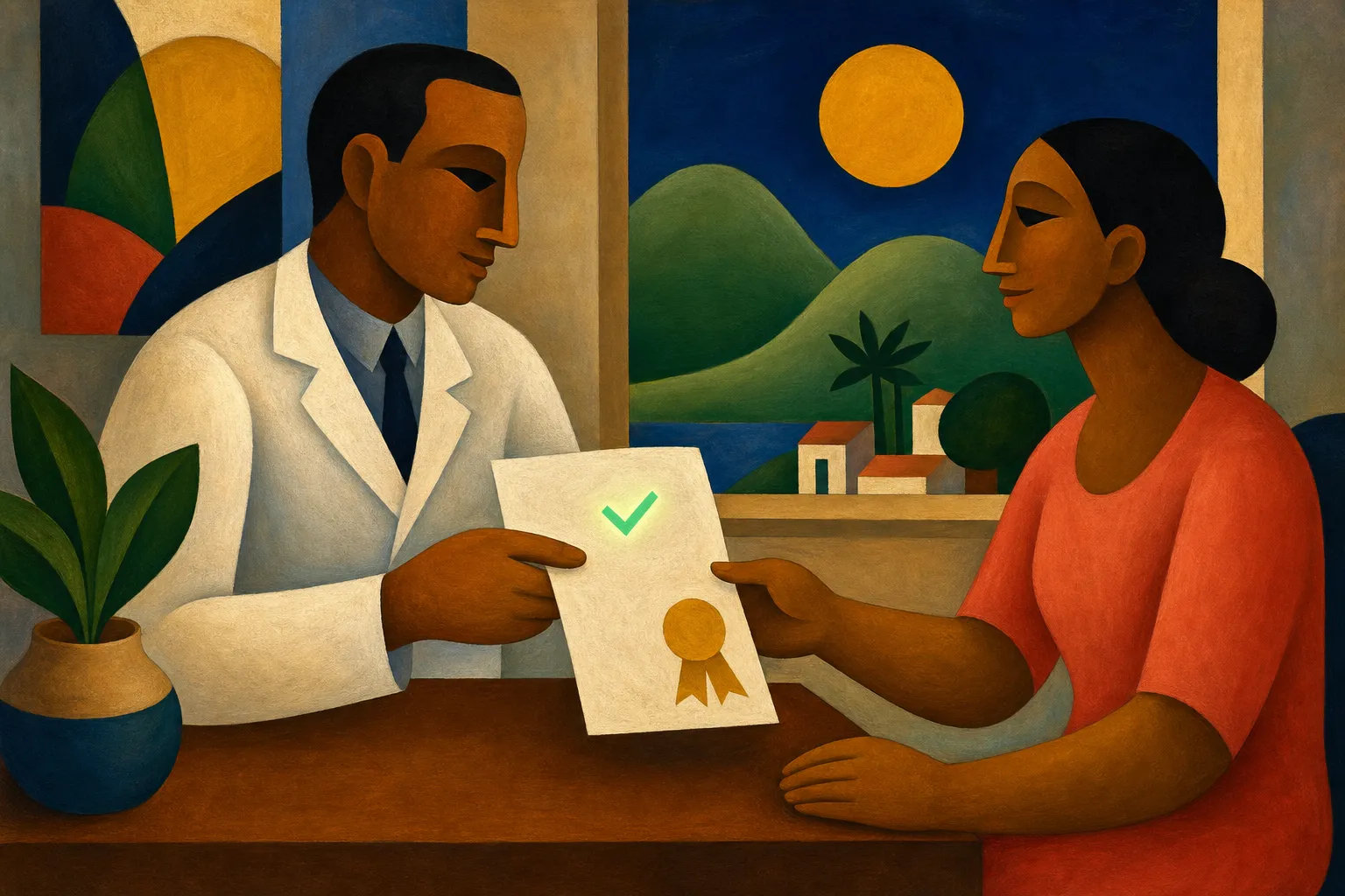 Pintura modernista de um médico entregando um documento com selo dourado e marca de confirmação a uma paciente