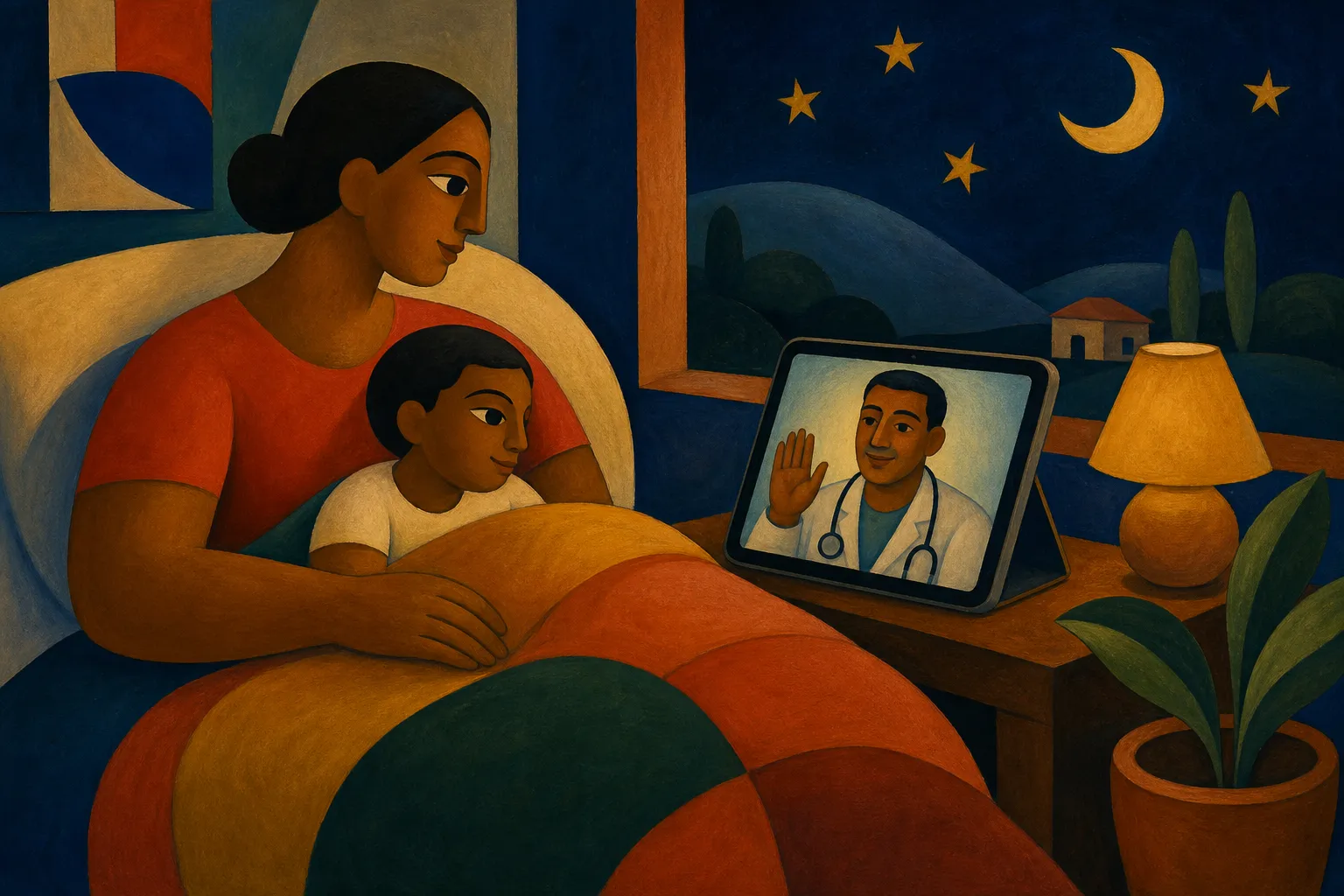 Pintura modernista de uma mãe com o filho na cama, à noite, consultando um médico que acena pelo tablet