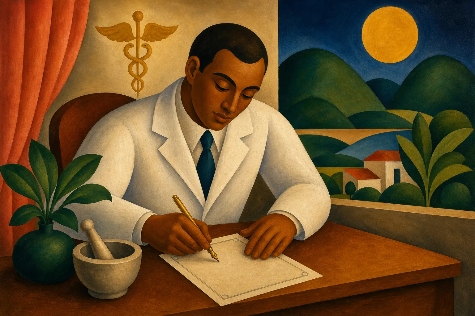 Pintura modernista de um médico escrevendo uma receita com caneta dourada, com o símbolo da medicina ao fundo