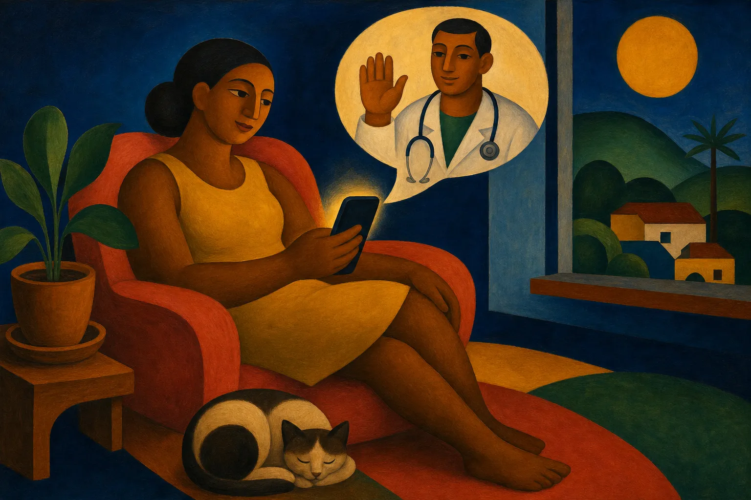 Pintura modernista de uma pessoa em casa, com um gato aos pés, lendo no celular a mensagem do médico em um balão de fala
