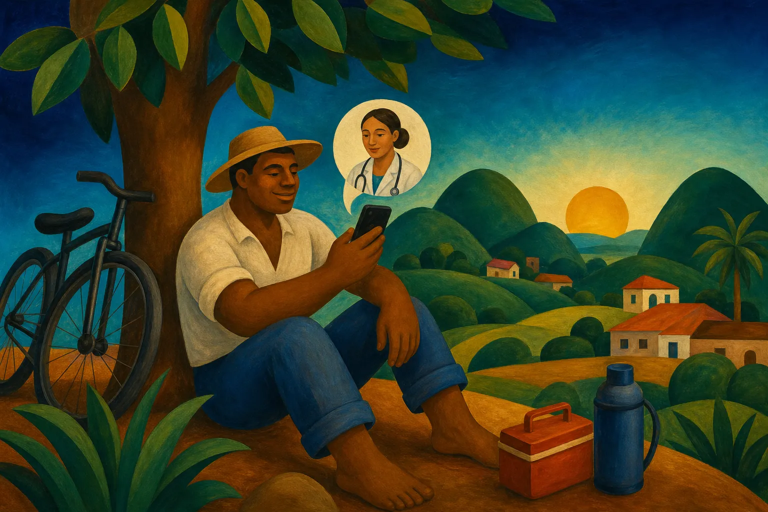 Pintura modernista de um trabalhador descansando sob uma árvore enquanto conversa com uma médica pelo celular